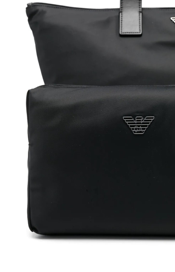 Emporio Armani Modern Black Polyamide Set Shopper With Leather Handles