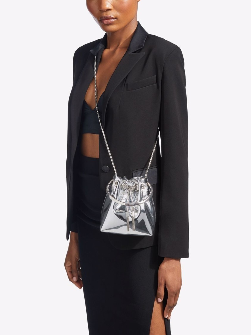 Jimmy Choo Structured Metallic Bucket Bag With Circular Handles In Silver