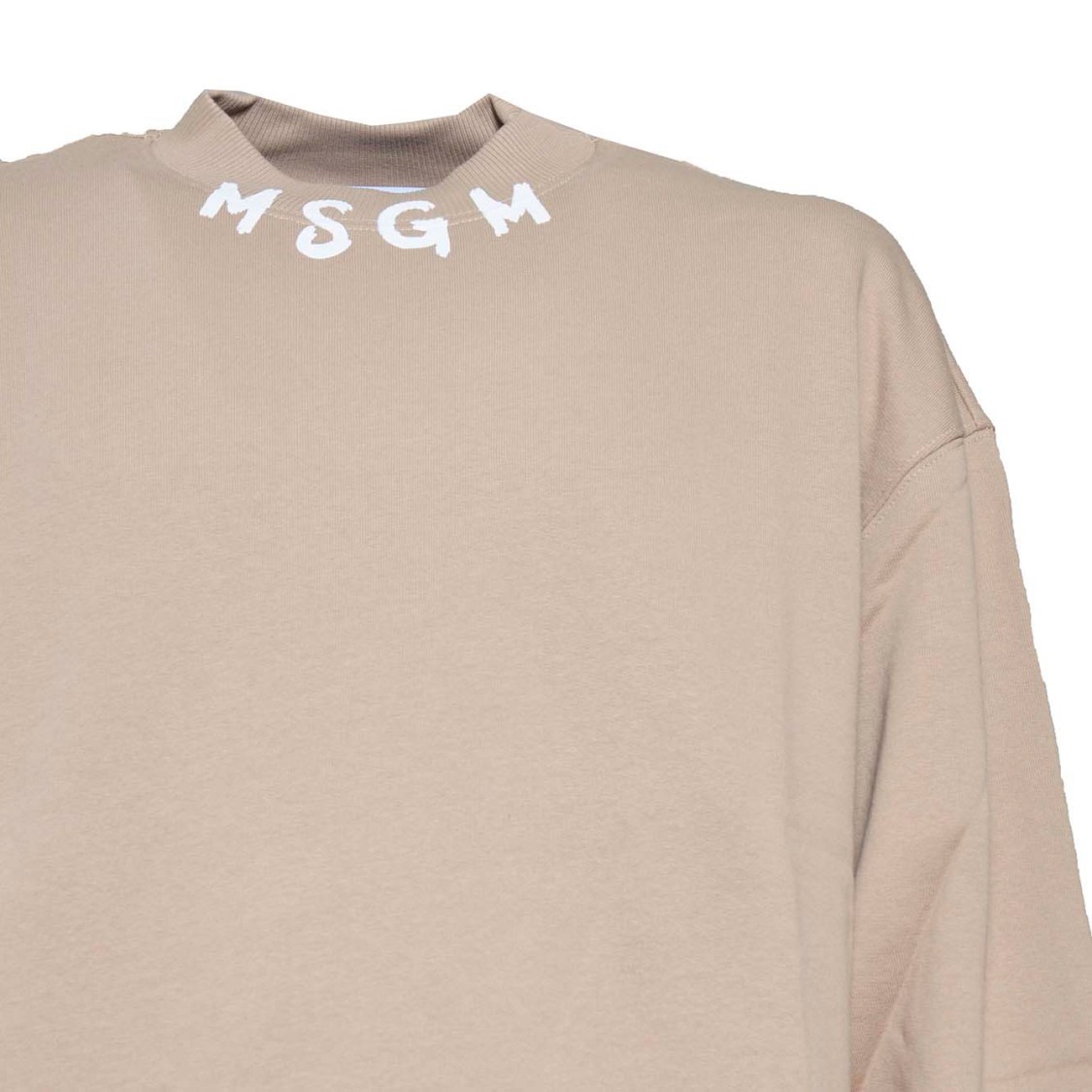 Msgm Beige Cotton Crewneck Sweatshirt Brush Logo Print On Neck In Neutral