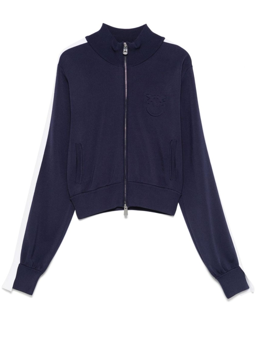 Shop Pinko Cropped Blue And White Sweater With High Collar