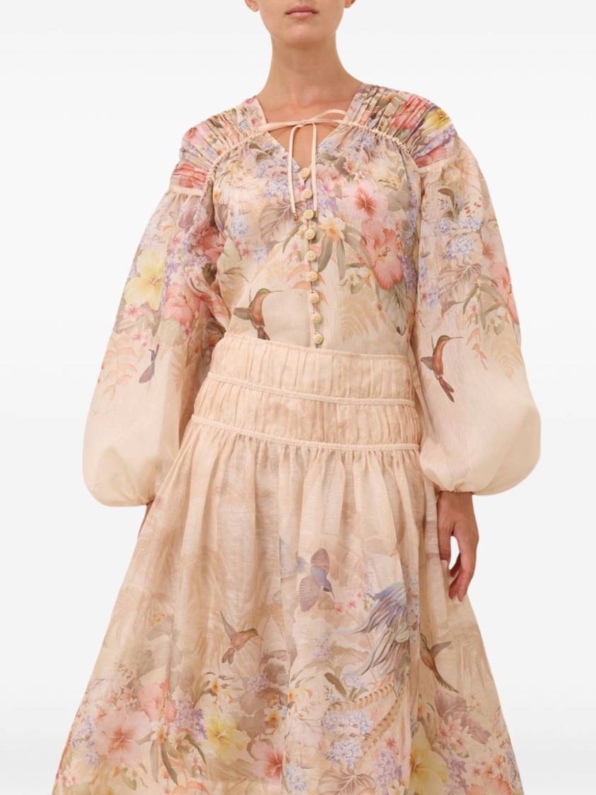 Shop Zimmermann Beige Linen And Silk Blend Floral Blouse
