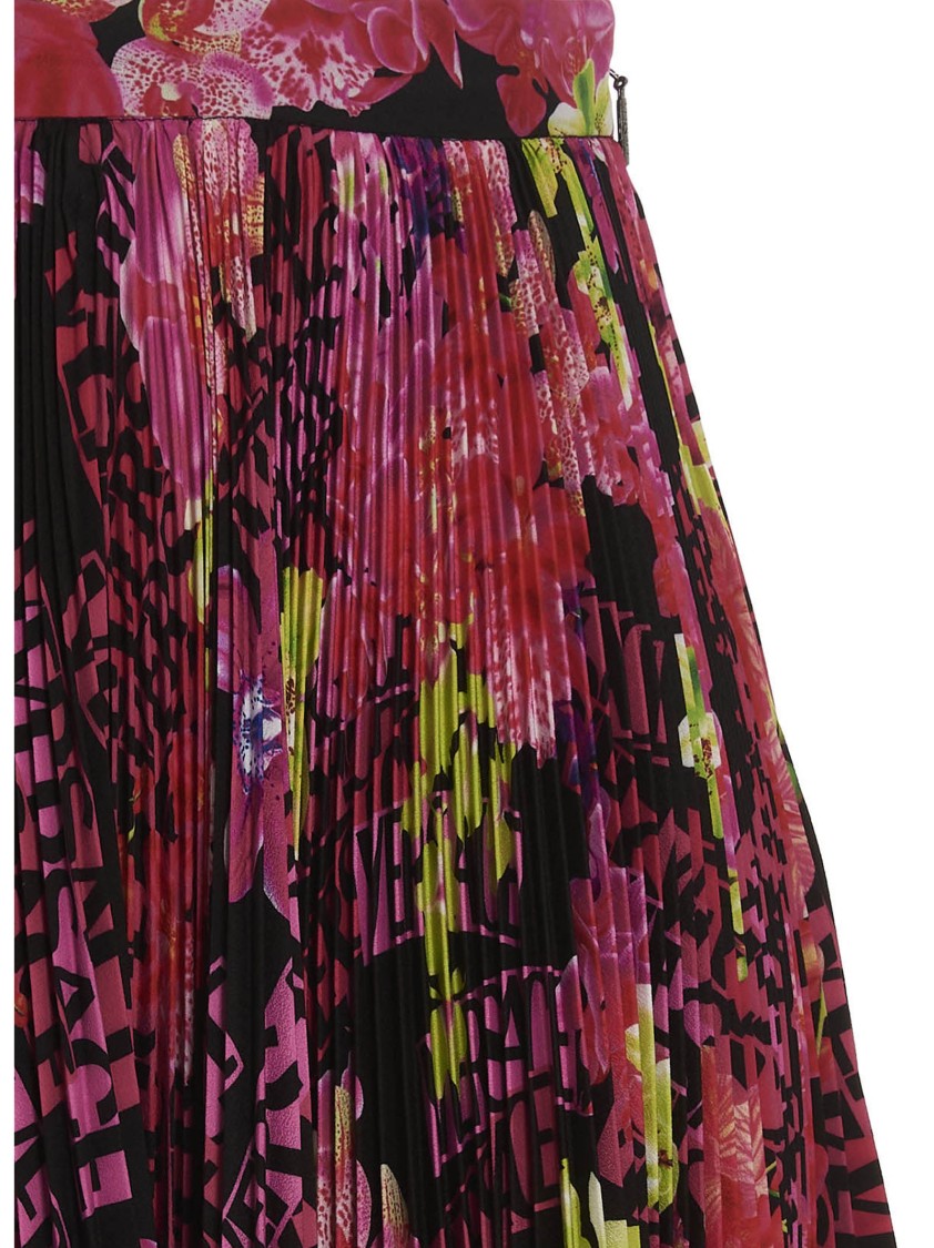 Versace Multicolor Asymmetric Pleated Mini-skirt With Logo Orchid Print In Polyester Woman In Pink