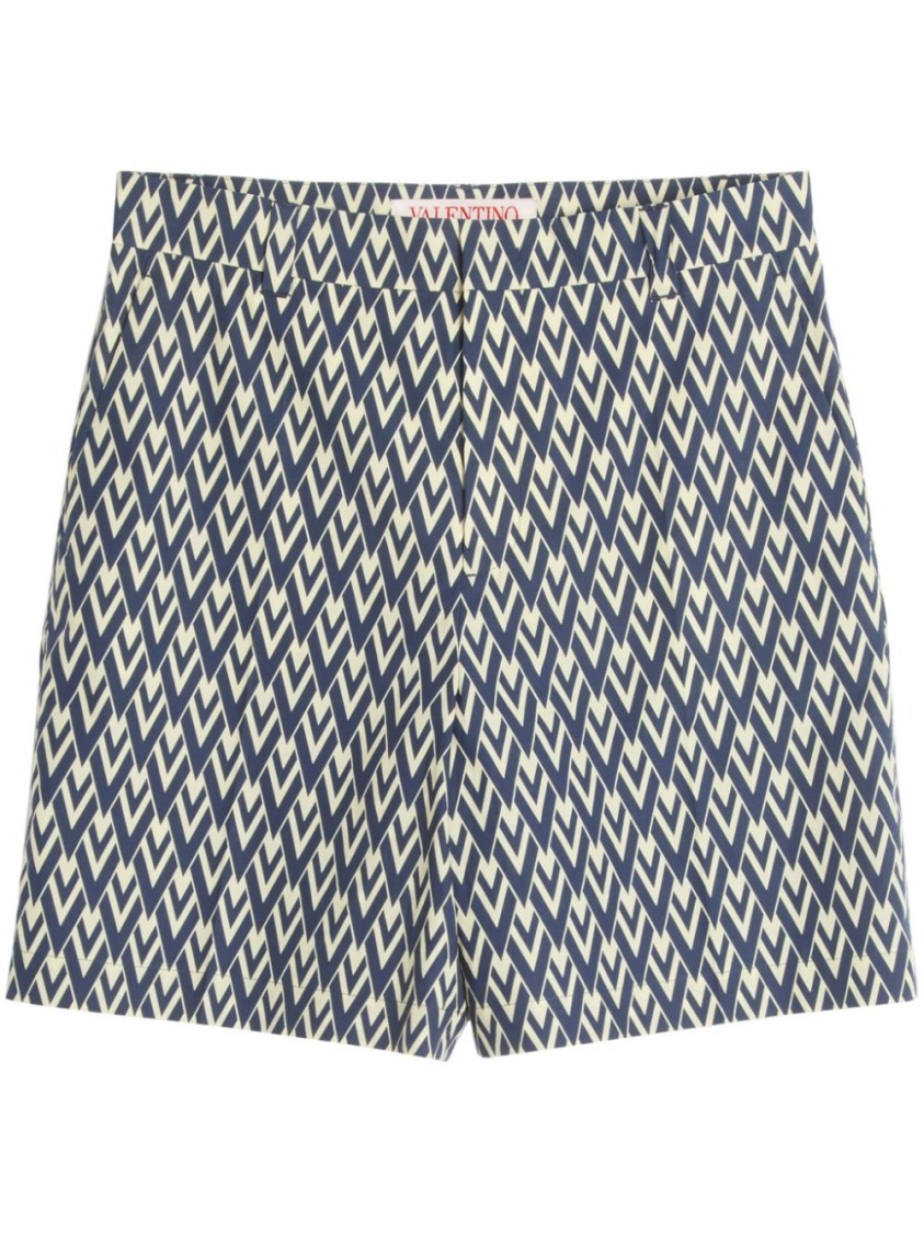 Valentino Bermuda Shorts In Cotton Poplin With All Over Toute La V Print In Grey