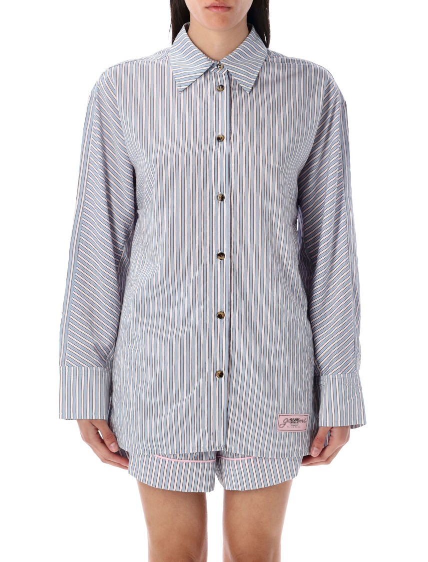 Ganni Multicolor Shirt With All-over Stripes And Logo Patch On The Front In Viscose Blend Woman