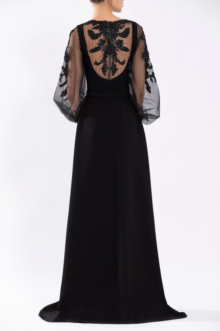 Saiid Kobeisy Crepe Dress With Envelope Skirt And A Beaded Top And Sleeves In Black