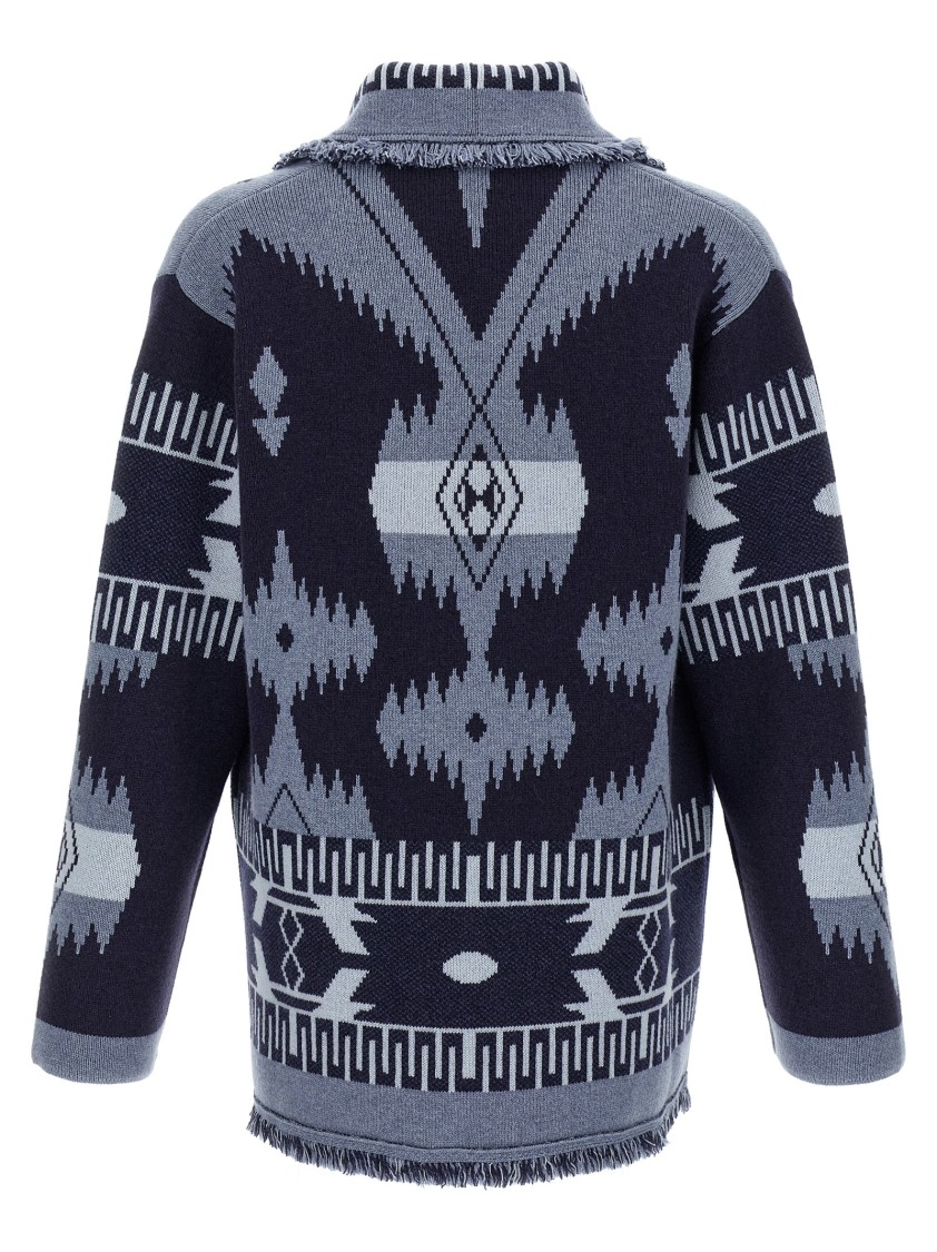 Alanui 'geometric Shawl Collar Cardigan With Fringed Edges' In Blue