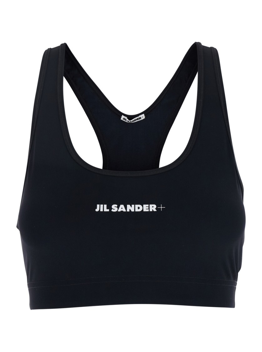 Shop Jil Sander Cropped Black Sports Bra With Logo Lettering