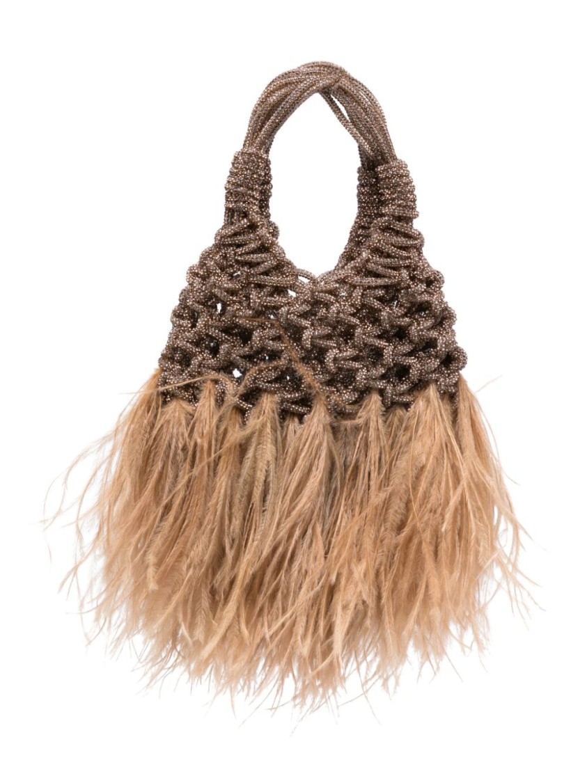 Shop Hibourama Mini Woven Bag With Feather And Crystal Detailing In Brown