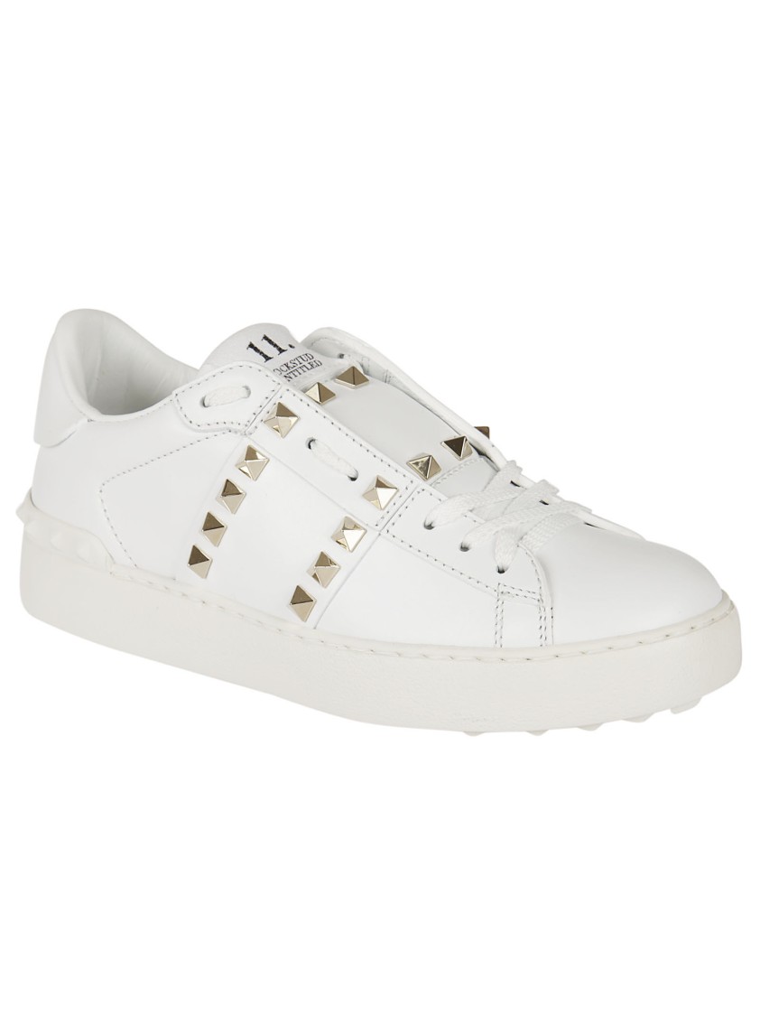 Valentino Studded Leather Flat Sole Sneakers In White