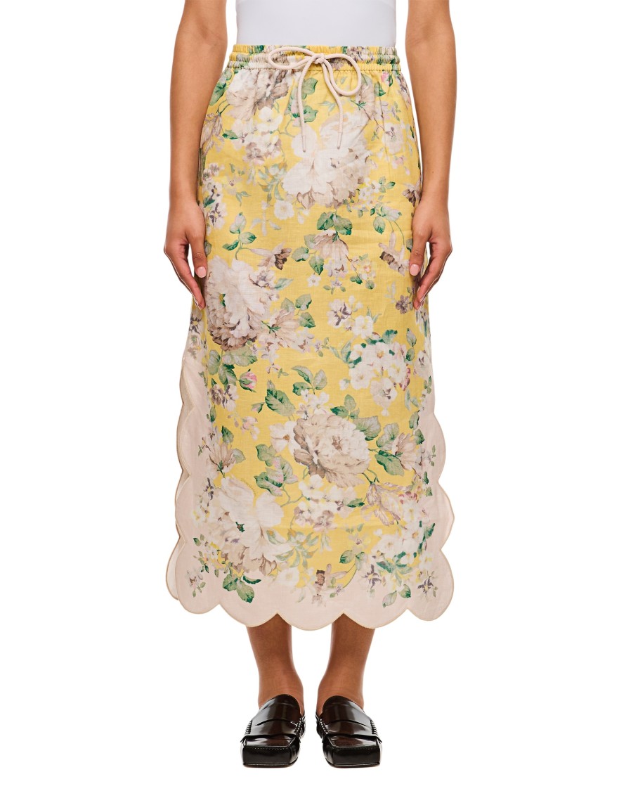 Zimmermann Acacia Scalloped Floral-print Linen Midi Skirt In Multicolor