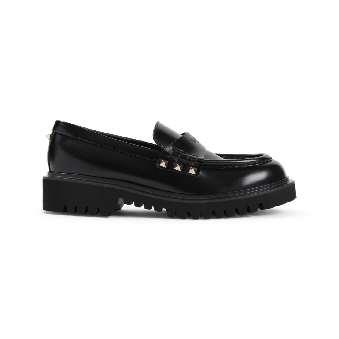 Shop Valentino Polished Leather Loafers With Studs And Chunky Sole In Black