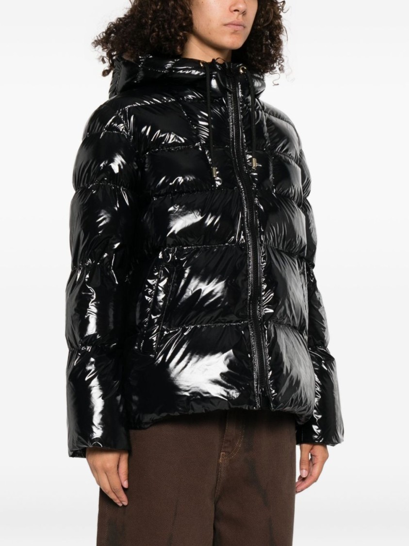 Pinko Oversized Black Puffy Coat With Glossy Finish And Hood In Black