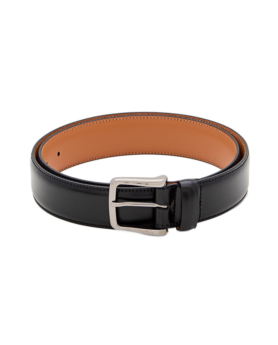 Tod's Polished Leather Belt With Nickel-plated Metal Buckle In Black