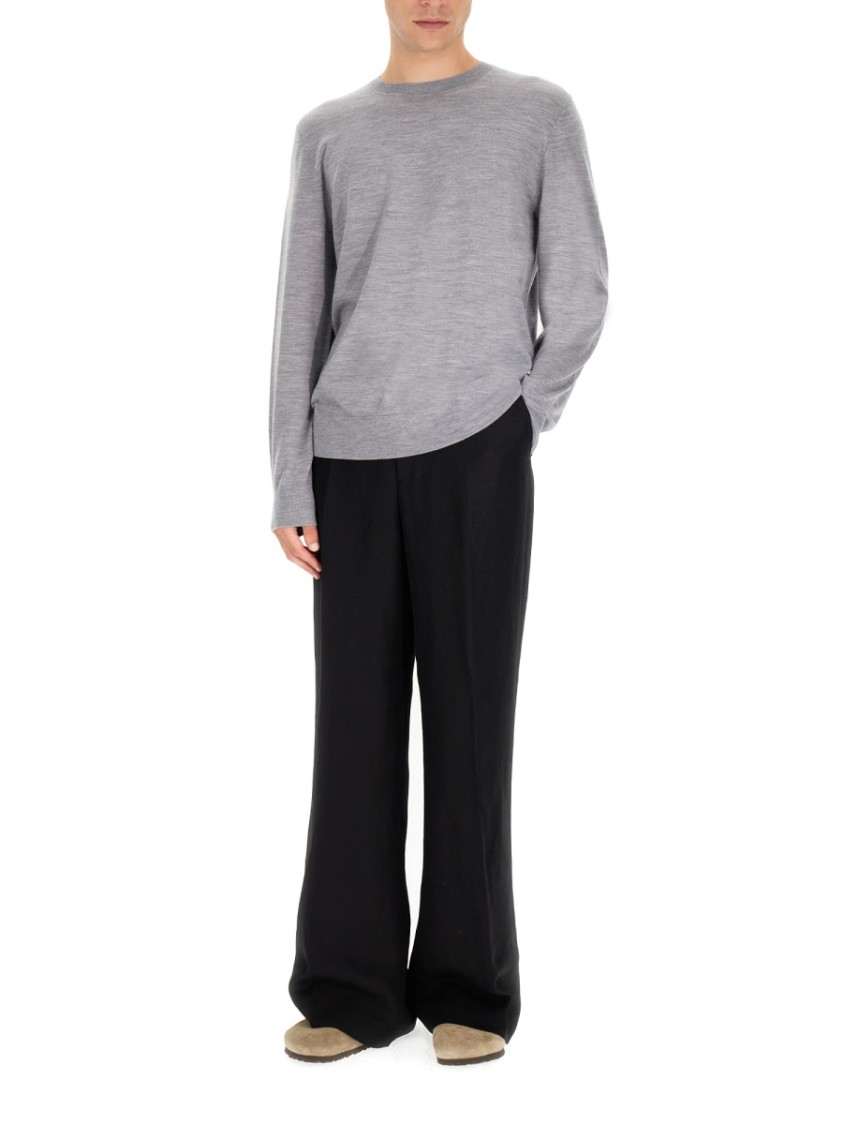 Theory Long-sleeved Grey Wool Top With Classic Crew Neckline In Gray