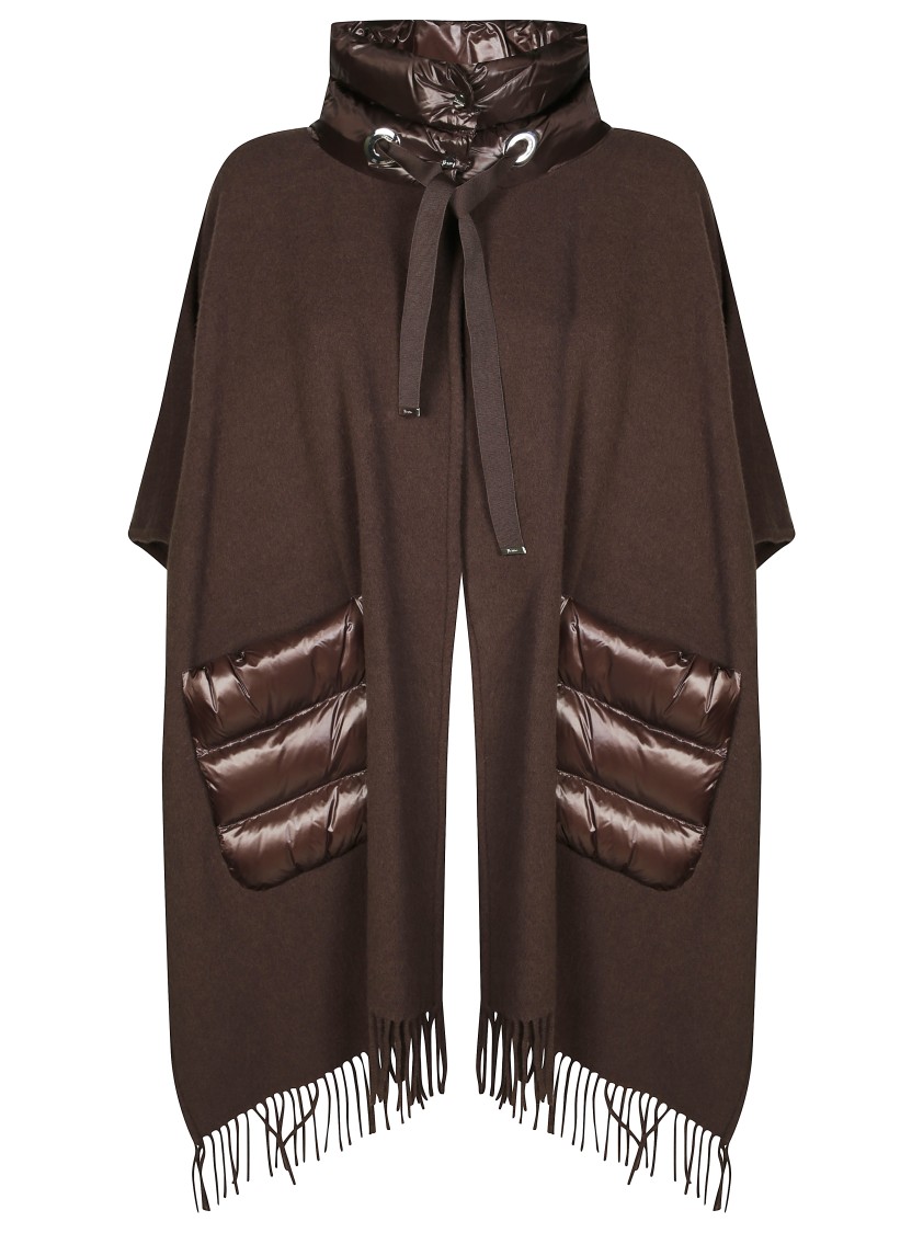Herno Brown Cape With Drawstring Collar And Fringed Hem In Brown