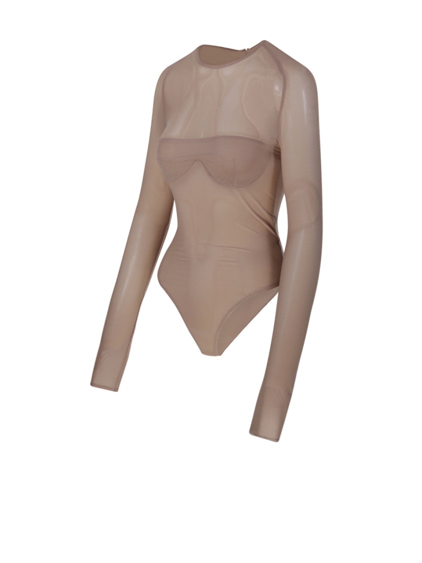 Alessandro Vigilante Sheer Long-sleeve Bodysuit With Structured Bust In Neutrals