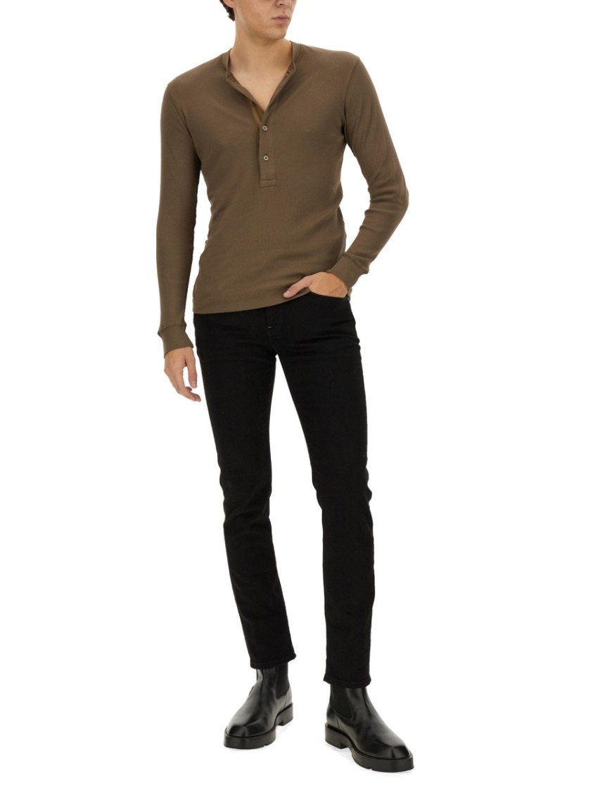 Shop Tom Ford Ribbed "henley" T-shirt In Brown
