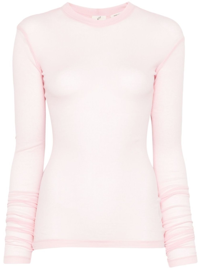 Bite Studios Ribbed Cotton Long-sleeve T-shirt With Gathered Sleeves In Pink