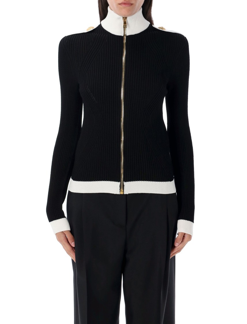 Balmain Two-tone Openwork And Ribbed Knit Cardigan In Black
