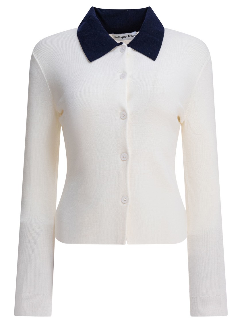Self-portrait Beige Merino Wool Cardigan In White