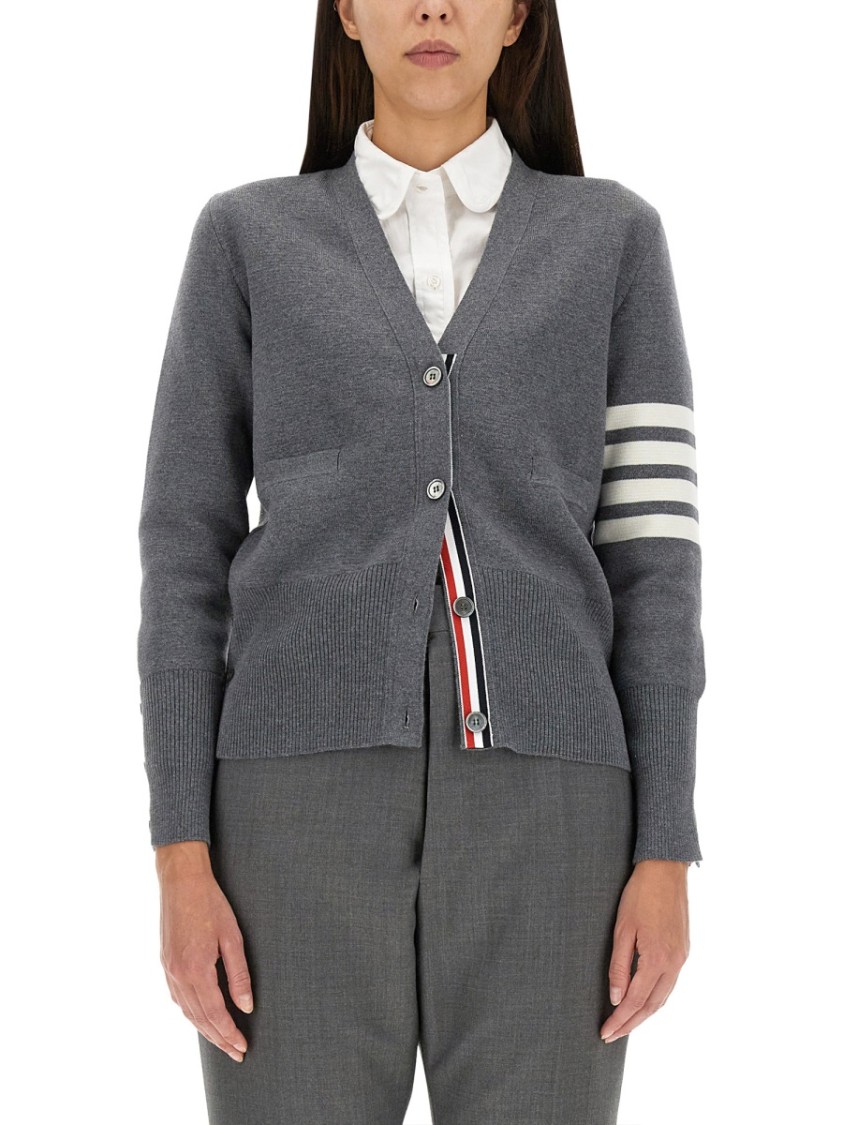 Thom Browne Fitted V-neck Cardigan With Striped Detail In Gray