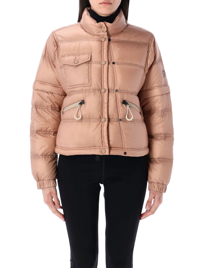 Moncler Quilted High Collar Zippered Pockets Jacket In Pink
