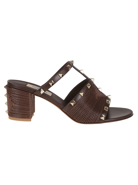 Valentino Rockstud Block Heel Sandals With Studded Embellishments In Brown
