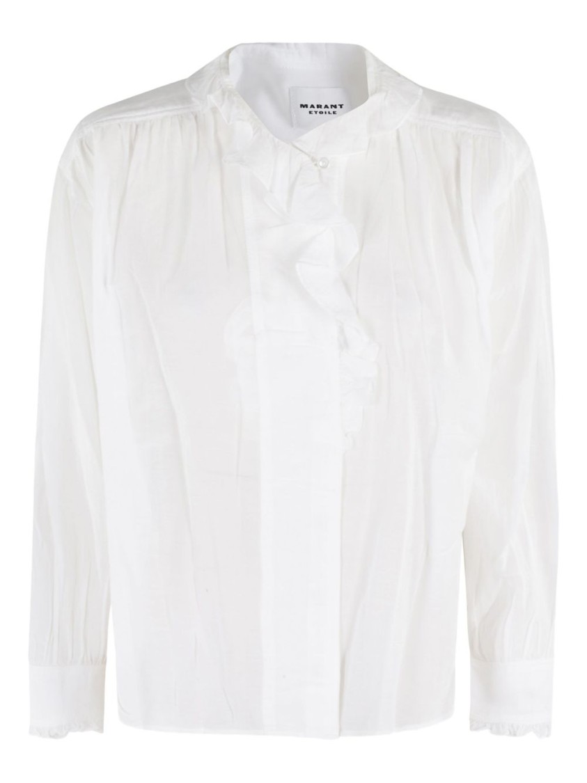 Isabel Marant Étoile Ruffled Front White Top With Long Sleeves And Elegant Collar In White