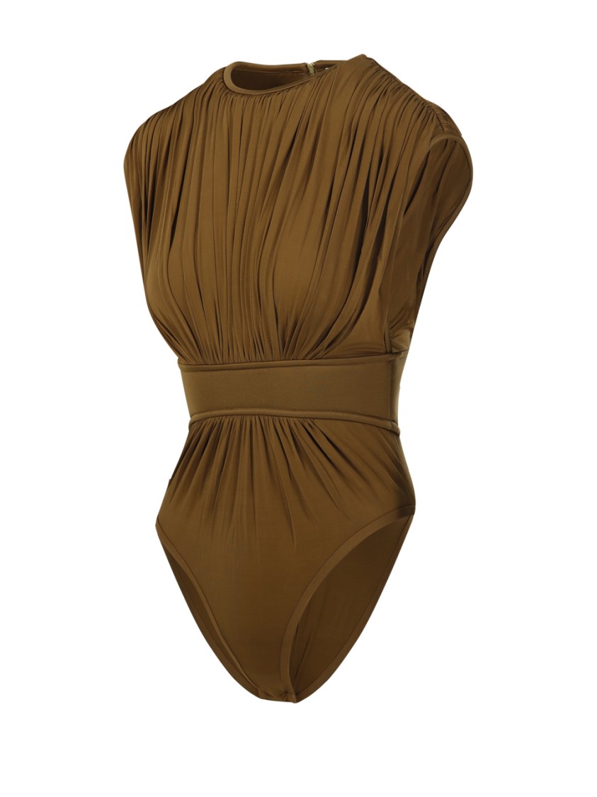 Zimmermann Silk Jersey Bodysuit With Gathered Detailing In Brown