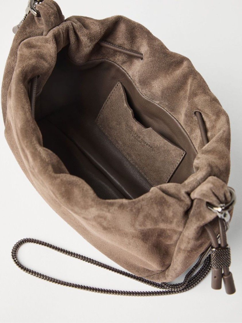 Brunello Cucinelli Soft Suede Drawstring Bag With Chain-link Strap