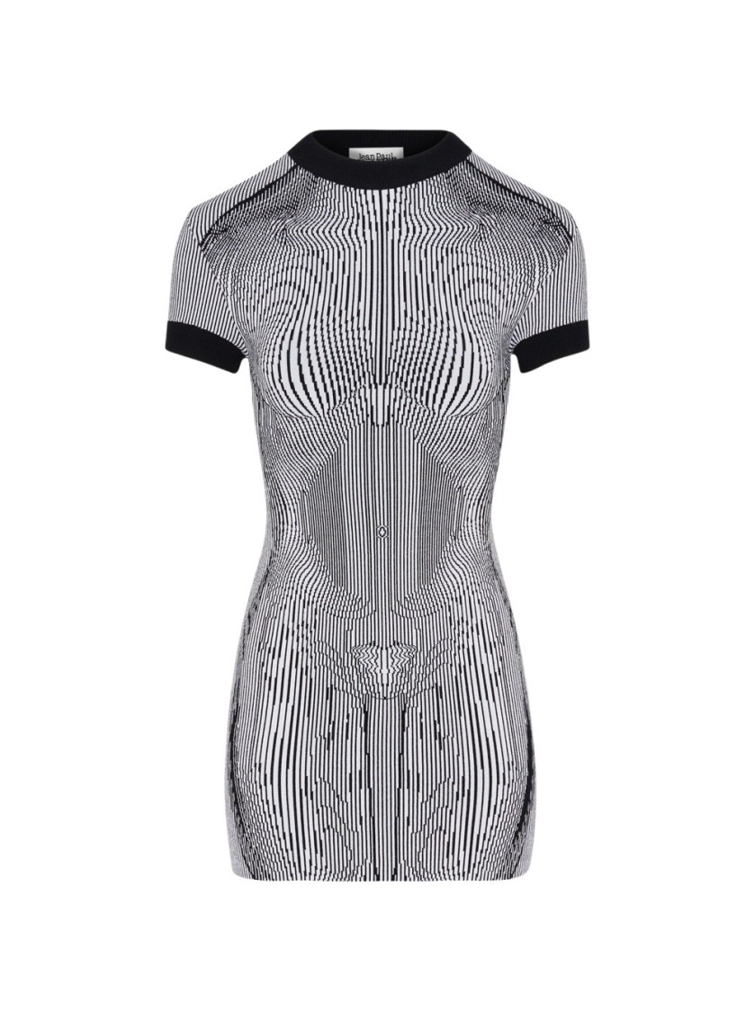 Jean Paul Gaultier Short Dress In Black And White Striped Jacquard Viscose In White