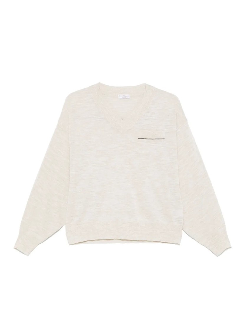 Brunello Cucinelli Soft Heathered V-neck Sweater With Subtle Pocket Detail In White