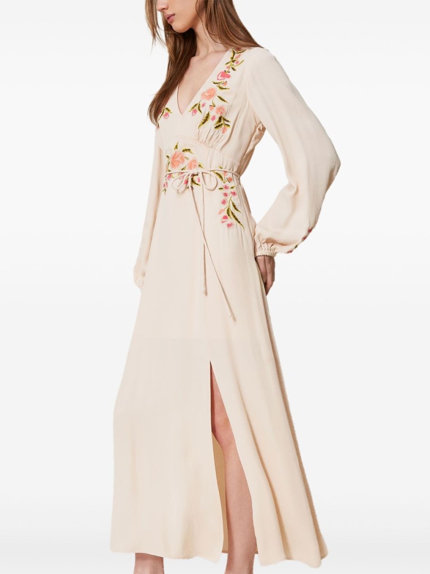 Shop Twinset Twin-set Maxi Dress With Deep V-neckline Andcut-out Detail In Neutrals