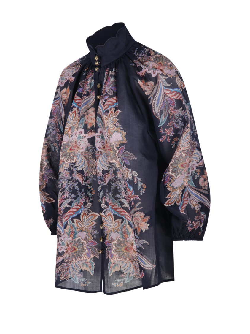 Zimmermann Rhiannon Billow Blue Blouse With High Neck And All-over Paisley Print In Ramie Woman In Blue