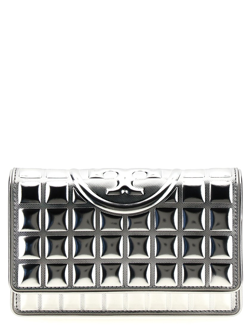 Tory Burch 'fleming Metallic Square Quilt' Wallet On Chain In Silver