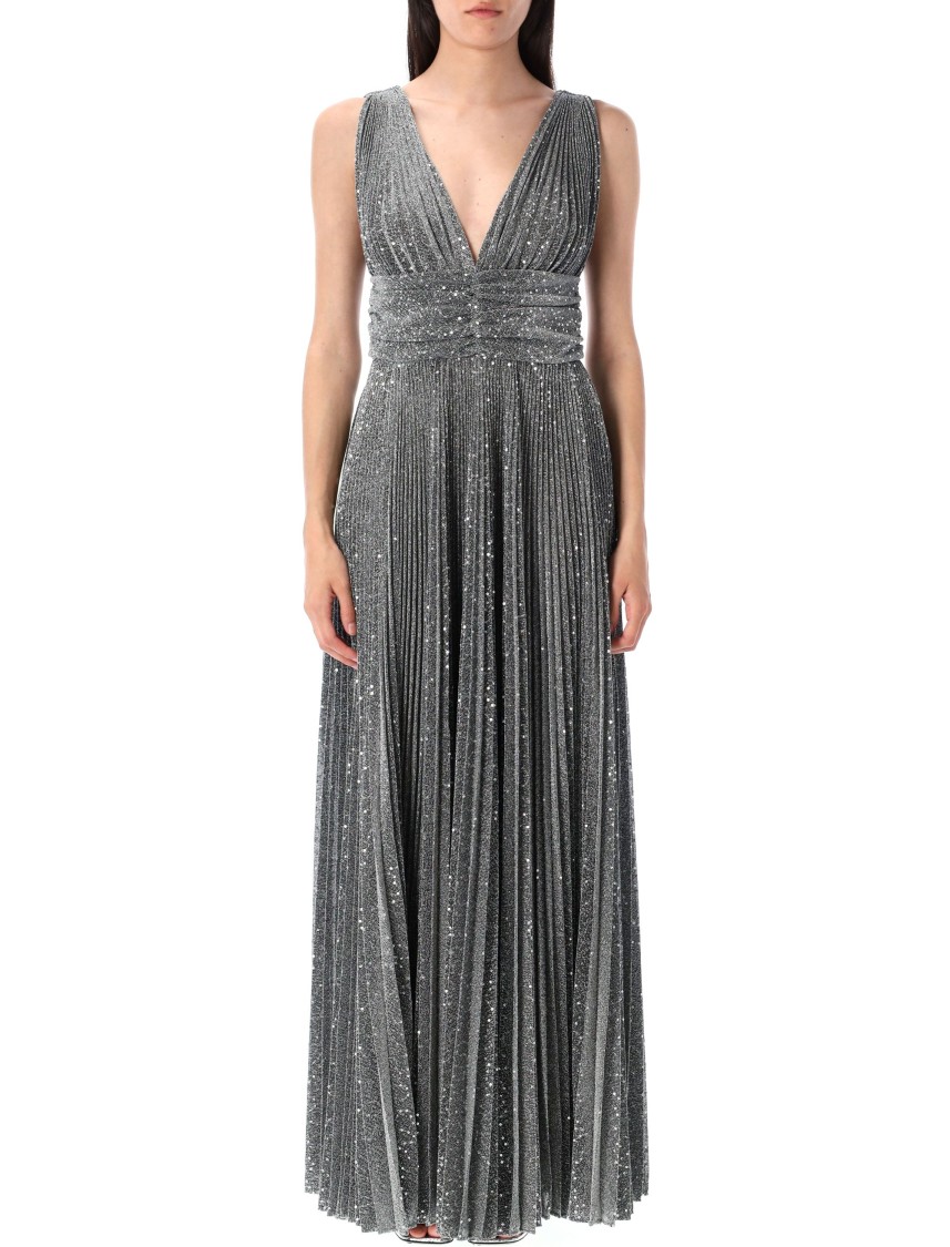 Dolce & Gabbana Long Pleated Dress With Micro-sequin Embellishment In Gray