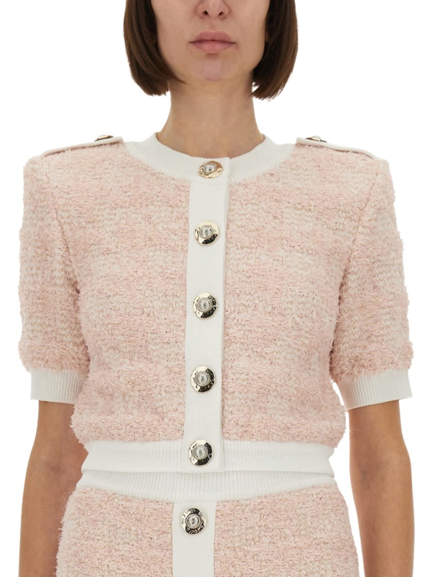 Balmain Cropped Textured Cardigan With Decorative Button Detail In Pink
