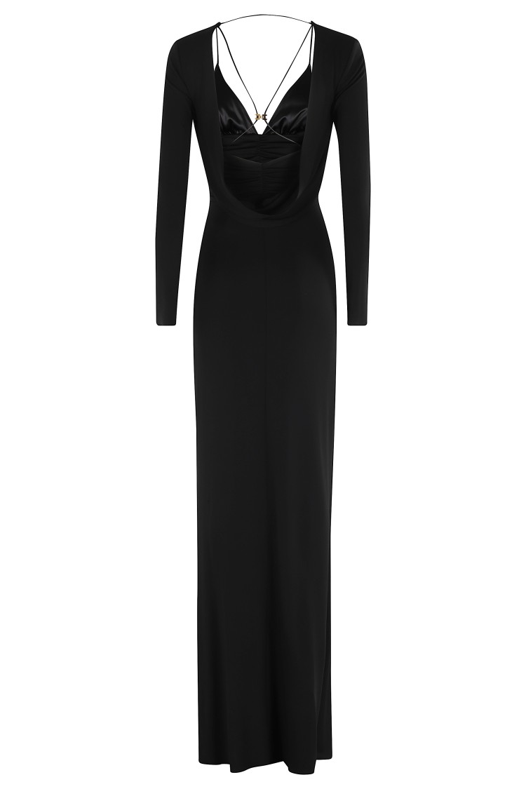 Elisabetta Franchi Draped Black Maxi Dress With Deep Neckline In Black
