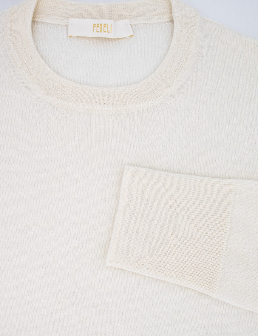 Fedeli Cashmere-silk Blend Crewneck Sweater With Ribbed Edges In Neutral