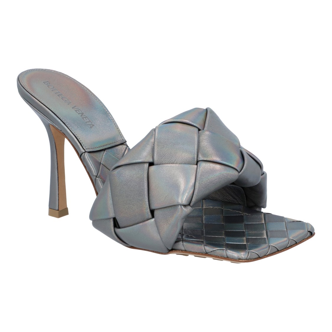 Bottega Veneta Intrecciato Metallic Leather Mules In Gray