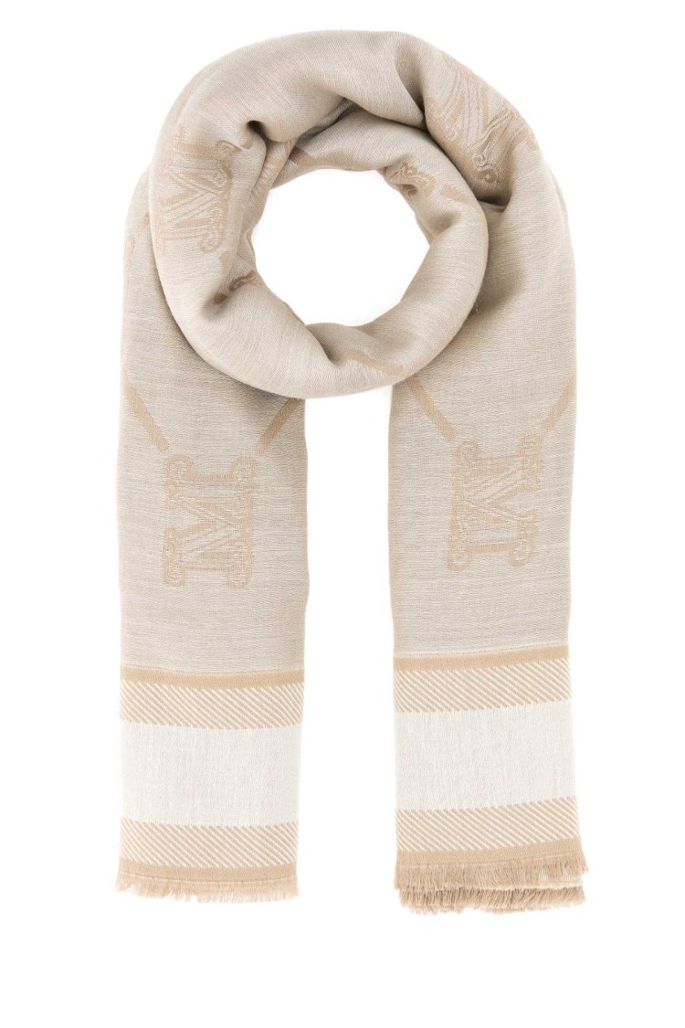 Max Mara Wool Blend Scarf With Embroidered Fringe Detail In Neutral