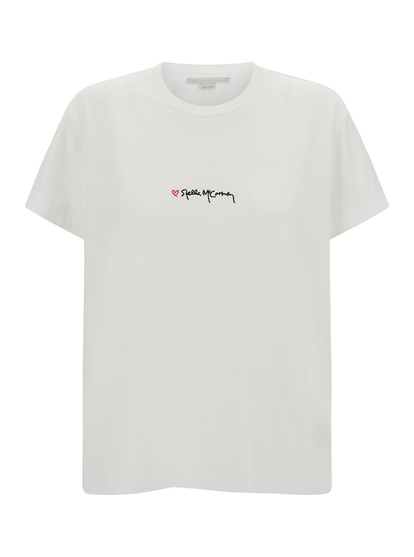Stella Mccartney White Crewneck T-shirt With Embroidered Logo At The Front In Cotton Woman In White