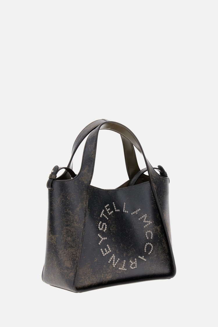 Stella Mccartney Brown Leather Tote Bag With Embroidered Logo And Dual Carry Options In Black