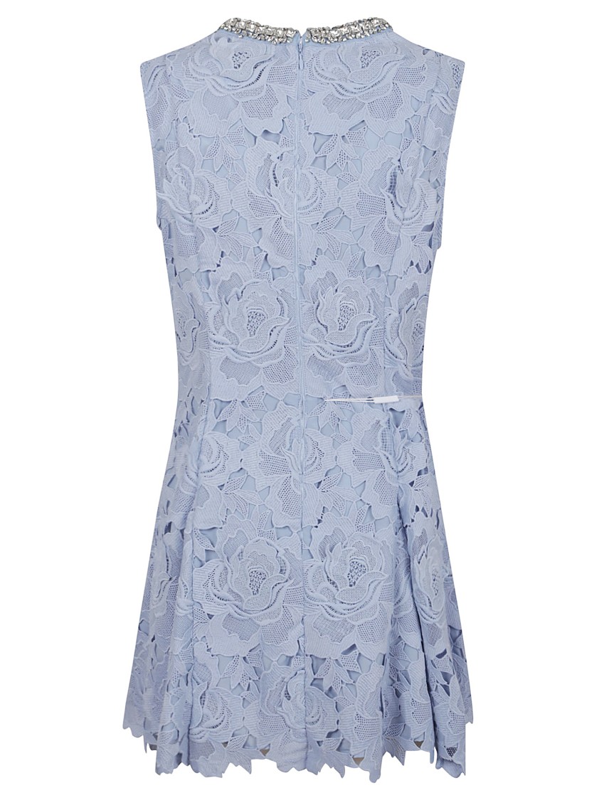Self-portrait Bue Crewneck Mini Dress With Rhinestoned Collar And All-over Floral Lace Embroidery In Tech Fabric W In Blue
