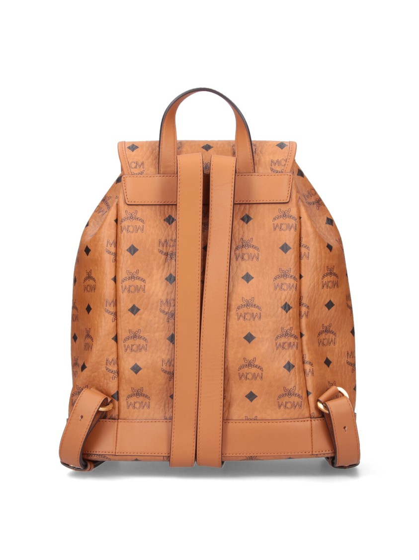 Mcm Small Brown Visetos Backpack With Leather Accents In Brown