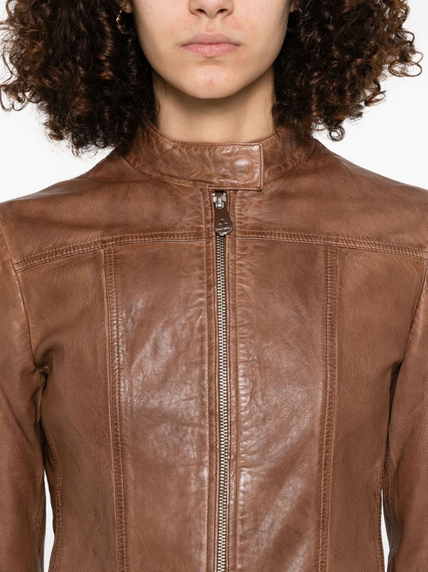 Peuterey Brown Leather Jacket With High Collar In Brown