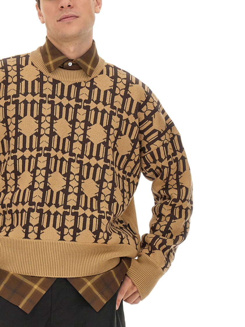 Palm Angels Embroidered Allover Monogram Jacquard Sweater In Brown