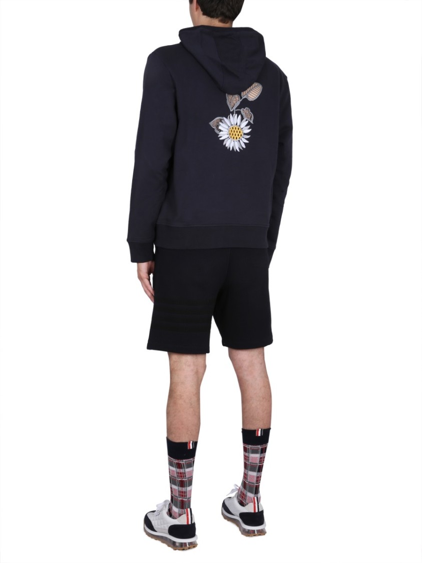 Thom Browne Embroidered Hoodie With Drawstring In Blue