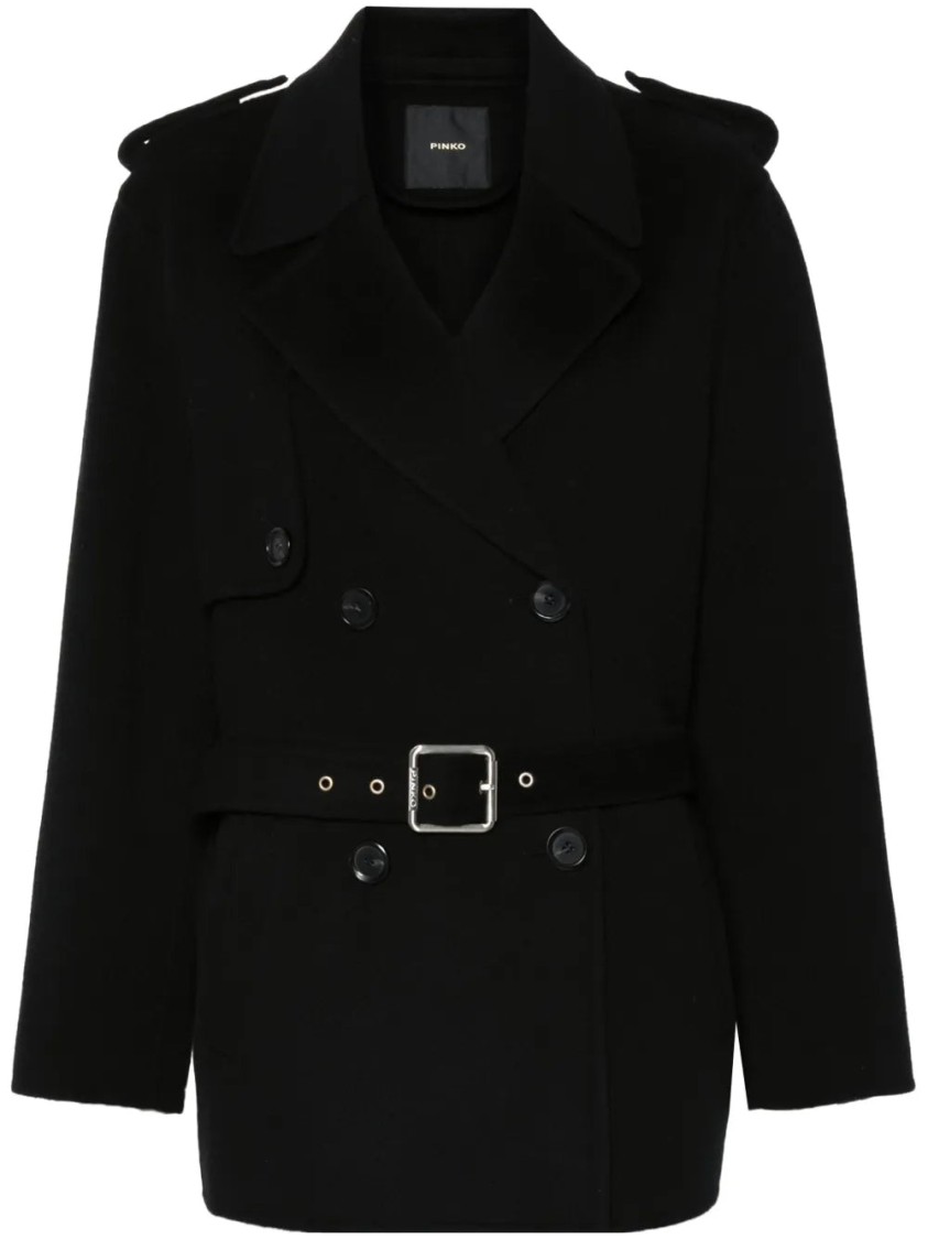 Pinko Double-breasted Belted Coat In Black