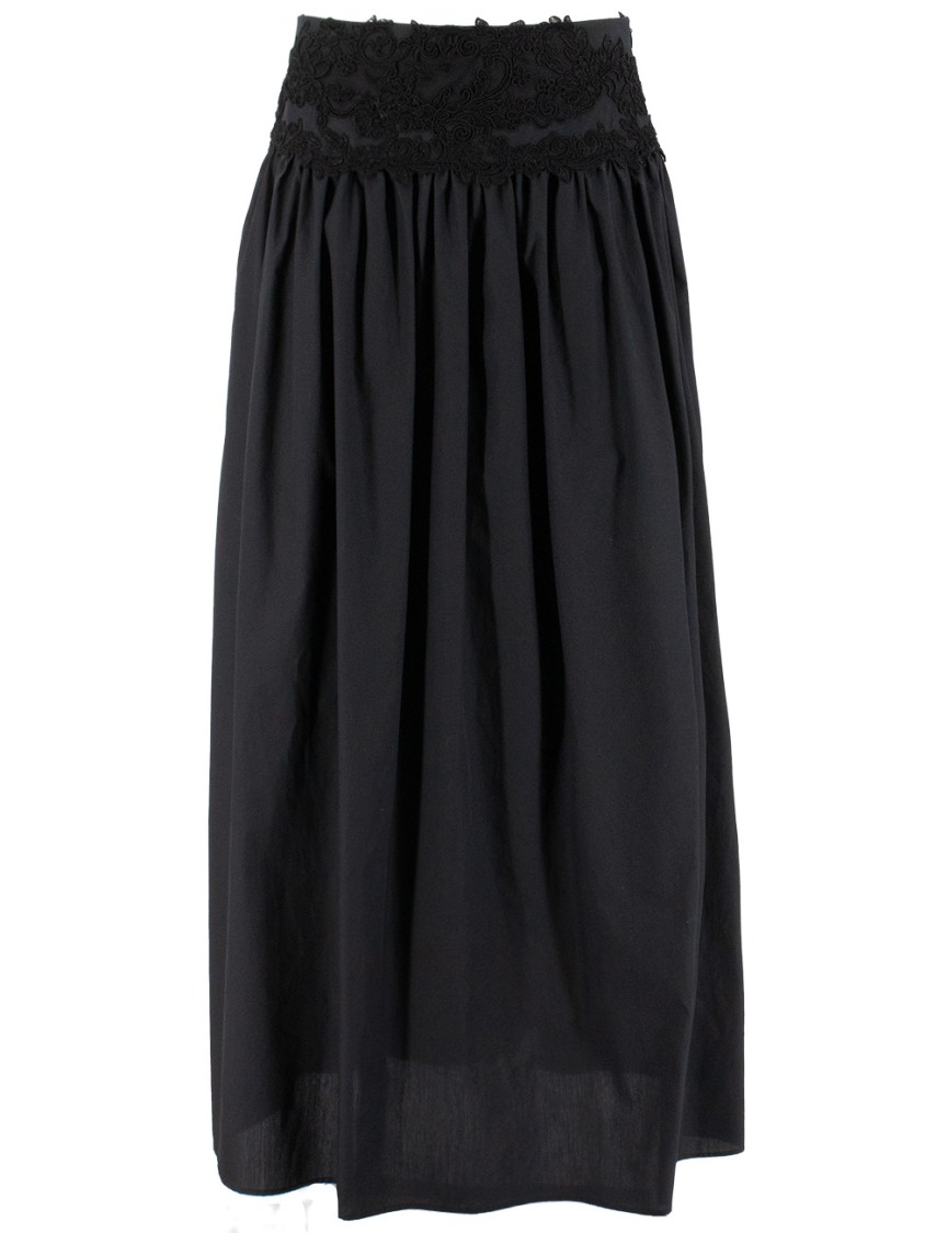 Ermanno Scervino Floral Lace Waistband Flowing Black Cotton Maxi Skirt In Black